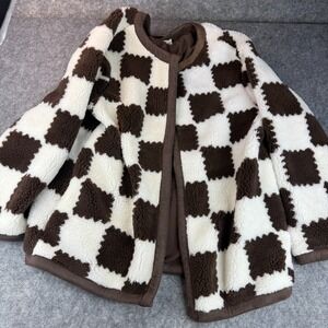 Sherpa Checkered Brown Cream Classic Jacket Blazer Coat‎ Women's Large Soft Cozy